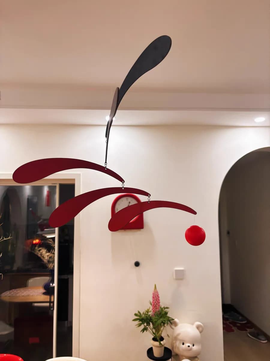 Dynamic Art Installation Similar to the Wind Chime Museum's Style, Vintage-Style Ornament, Red and Black Feathers, Danish Balance Pendant