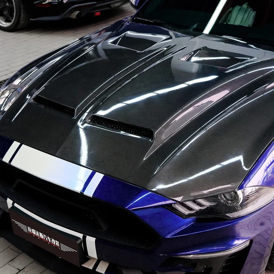 2018-2023 for Ford Mustang Carbon Fiber Bonnet Super Snake Style Hood Body Kit with Bolts Perfect Fitment New Condition