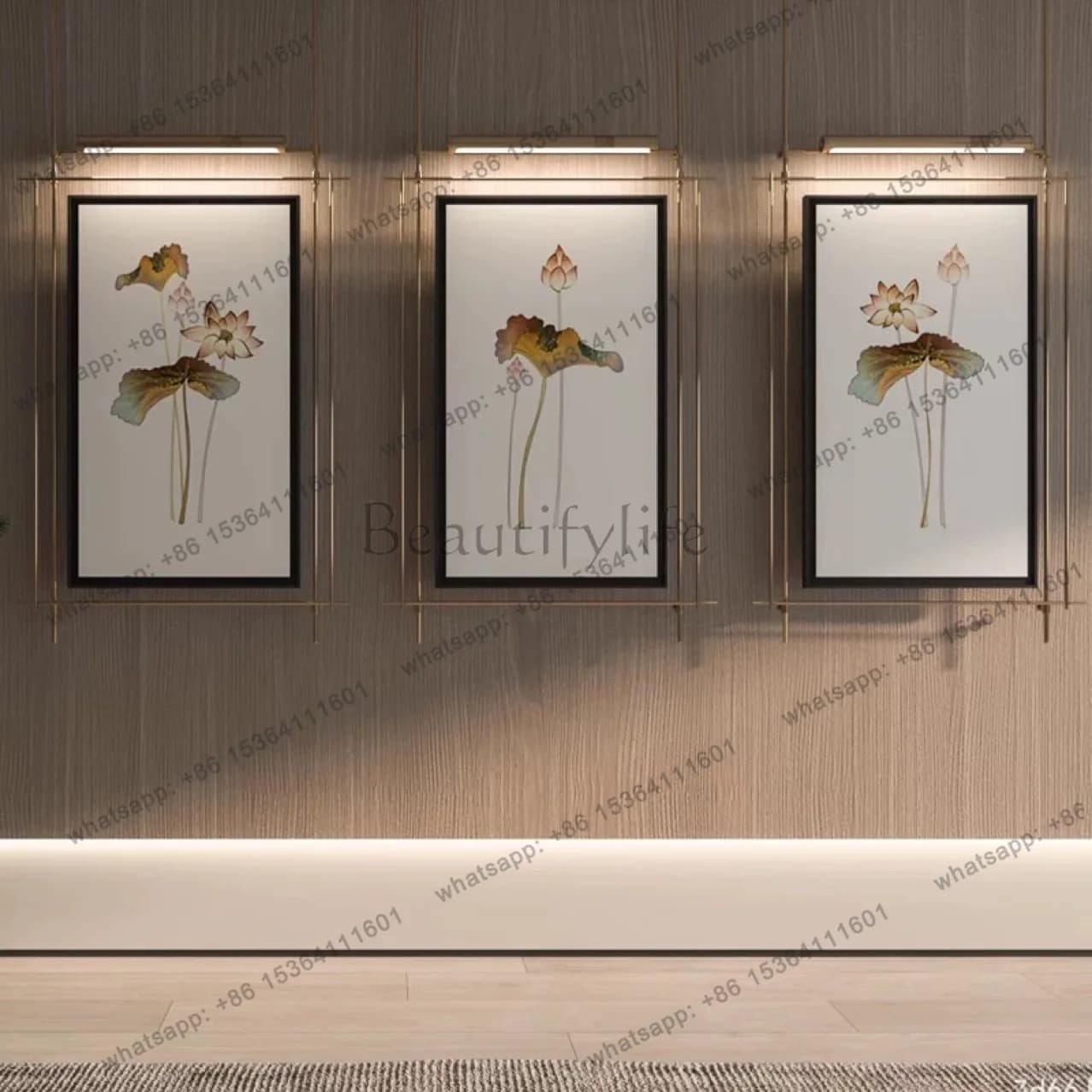 New Chinese Zen decorative sofa background wall triple lotus hanging painting