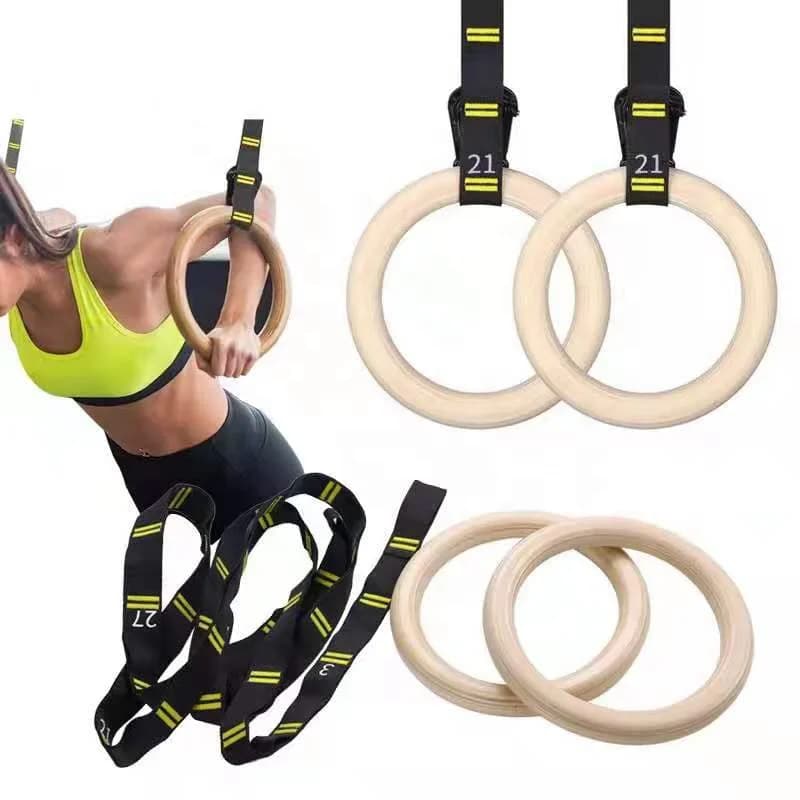 Durable Adjustable 32mm Wooden Gym Rings with Scale Nylon Straps - Ideal for Home Gym & Workout and Body Building