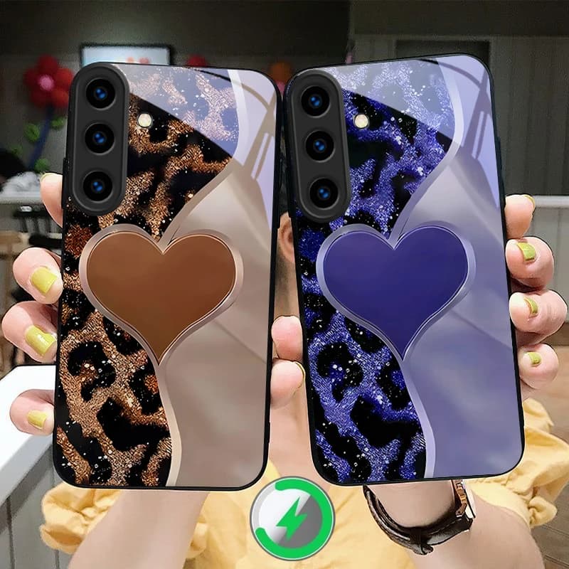 Blue leopard print heart For Samsung S26 S25 Edge S25Ultra 20 S21 Pro S22 Plus S23 FE S24 Ultra For Magsafe Glass Phone Case