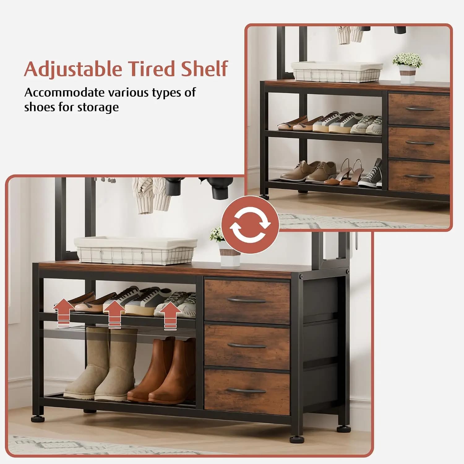 Hall Tree with Bench & 3 Drawers Storage 31.5" Coat Rack Entryway Organizer
