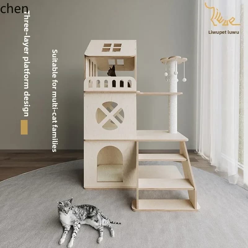 a-15wooden three-layer climbing frame cat nest climbing ladder playing and sleeping integrated household  multi-layer cat house