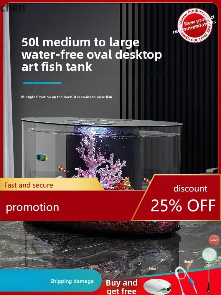 HT Fish Tank  New Model No Water Change Self-Circulating Desktop Ecological Small Fish Tank 50L Oval Landscape Aquarium