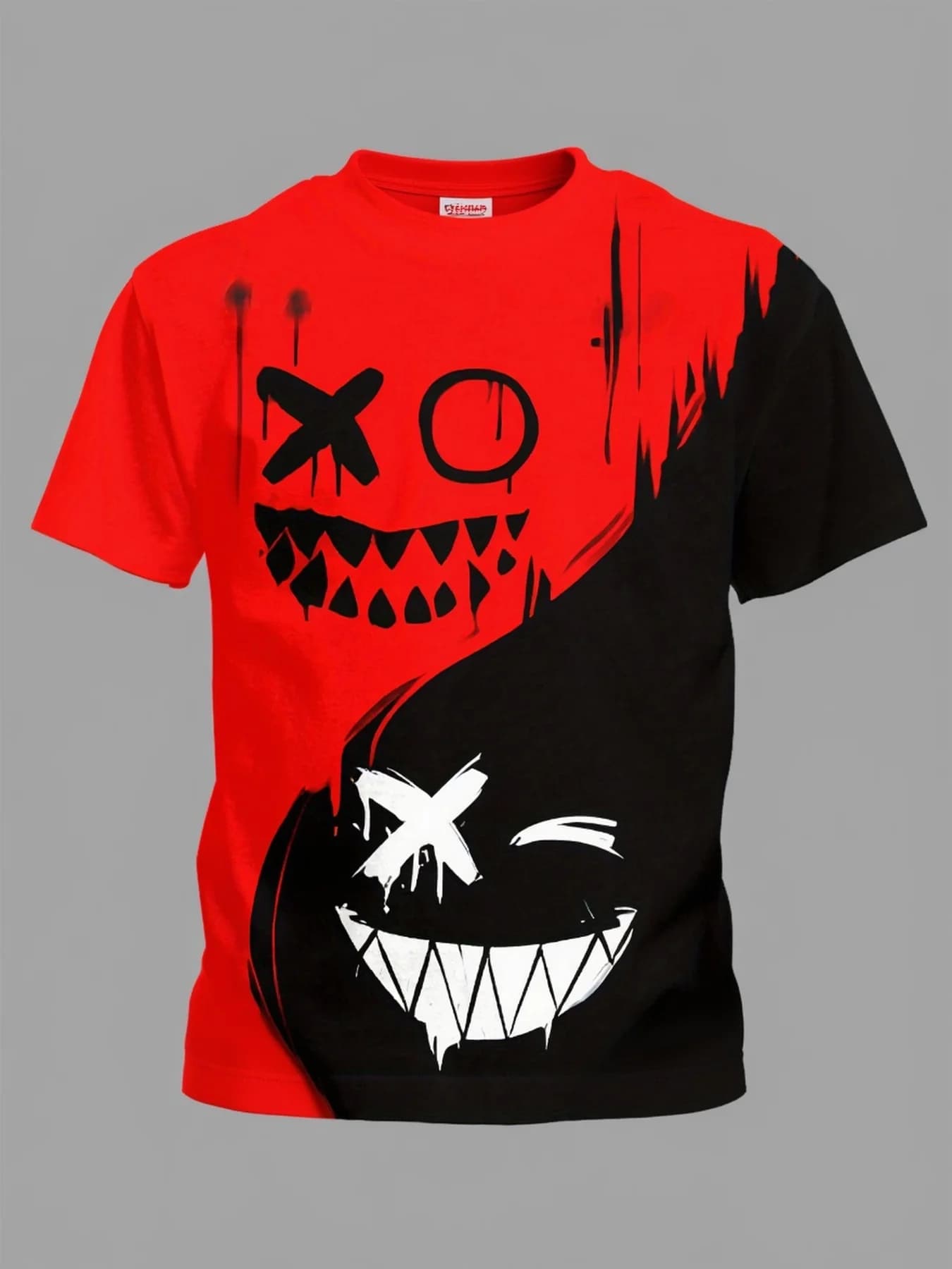 Men’s Streetwear Cartoon Graphic T-Shirt, Black Contrast Color Short Sleeve Tee, Cool Smiley Face Print for Casual Daily Wear