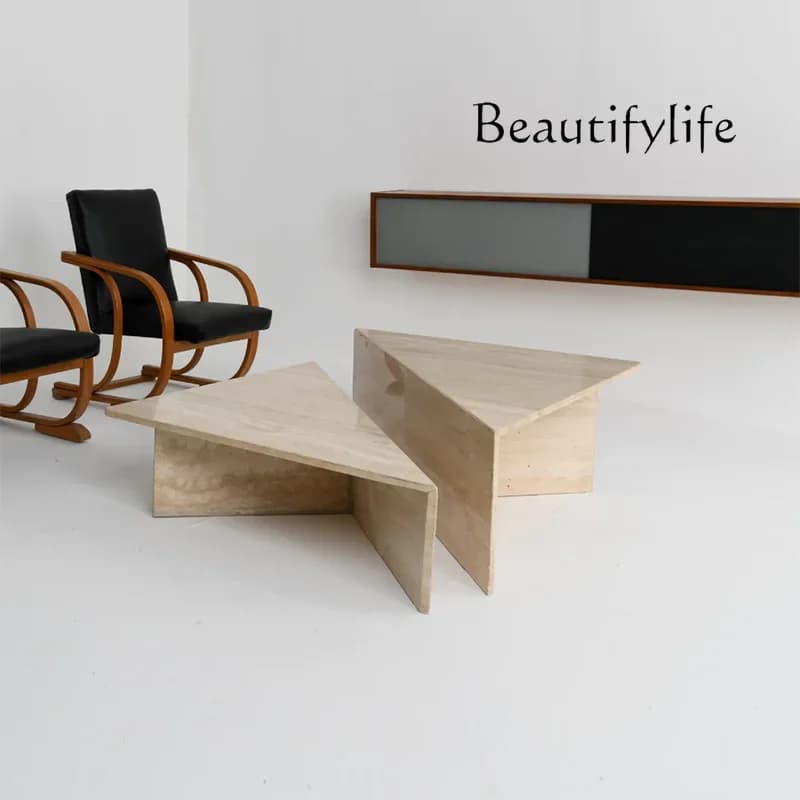 X Italian Light Luxury Natural Travertine Coffee Table Simple Modern Design Wabi Wind Marble Coffee Table High And Low Combinati