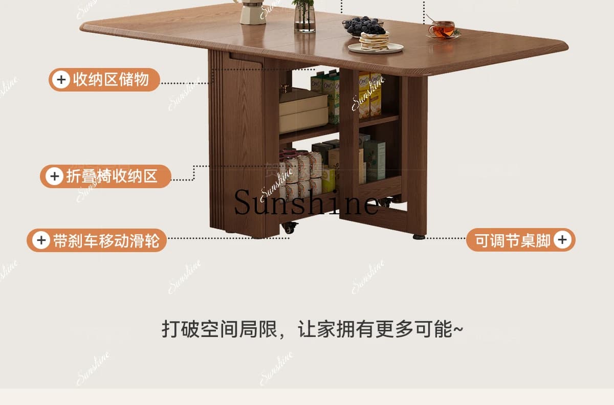 Solid wood foldable dining table and chairs for small household apartments telescopic rectangular folding Save spaceP