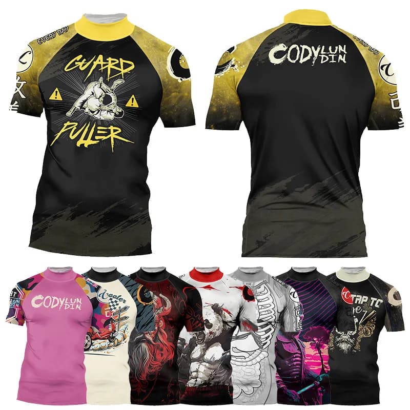 Cody Lundin Men's New Trendy Graphic Printed MMA BJJ High Neck Short Sleeve Rashguard Muay Thai Breathable Training Sportwear