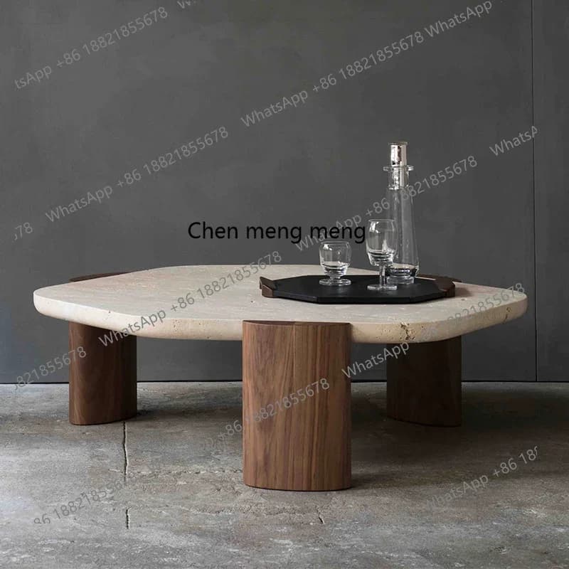 X Natural travertine coffee table, retro Roman cave marble solid wood coffee tea table