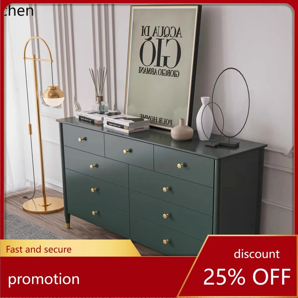YFY Solid Wood Bedside Chest Dark Green Drawer Storage Cabinet Entryway Cabinet
