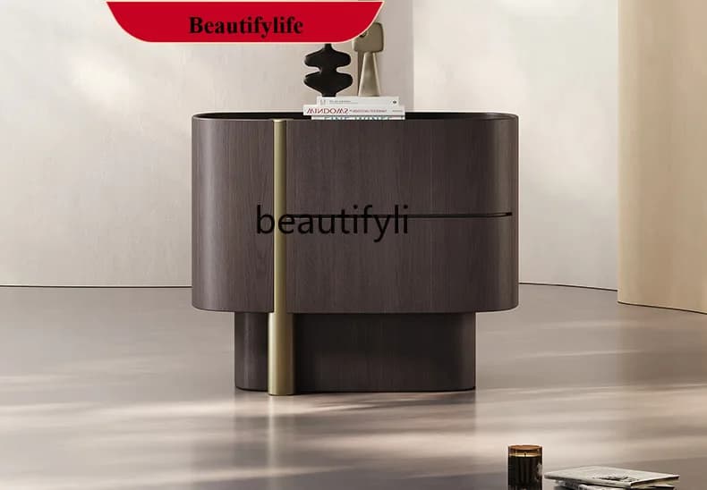 D178 Italian Minimalist Solid Wood Bedside Table Simple Modern Smoky Color Bedside Storage Cabinet Wabi-Sabi High-End Bedroom
