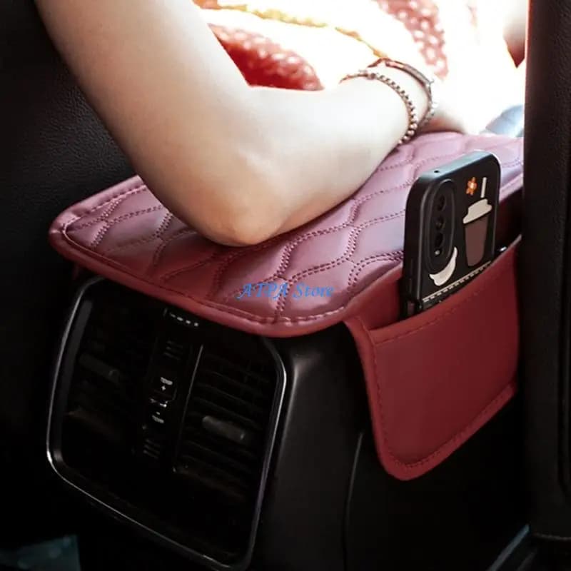 U13C Car Center Console Leather Armrest Cushion Pad Auto Armrest Cover with 2 Storage Bags Quick Installation