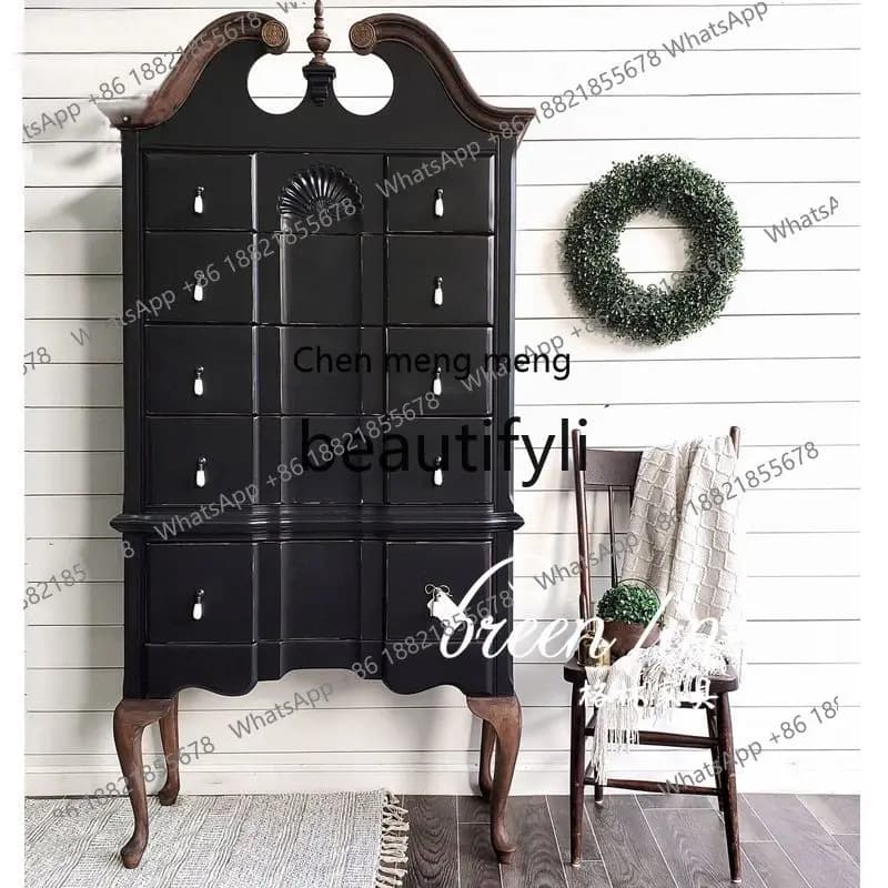 178American retro solid wood side cabinet, old black, French home carved storage cupboard