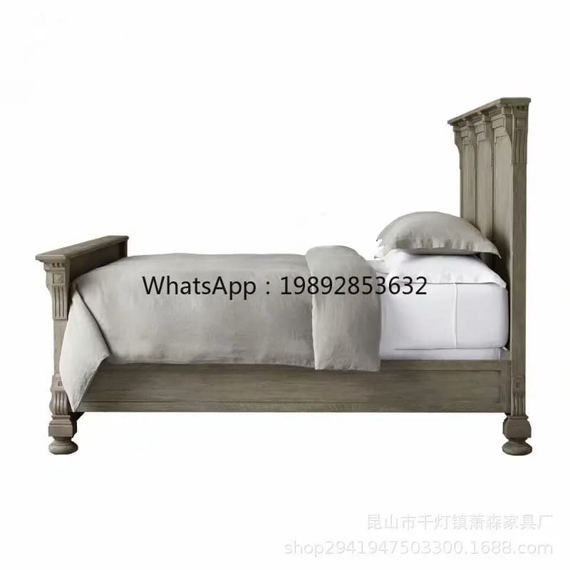 LYY French Style Solid Wood Oak Bed Antique Distressed Carved Double Bed Bedroom Vintage Wedding Bed