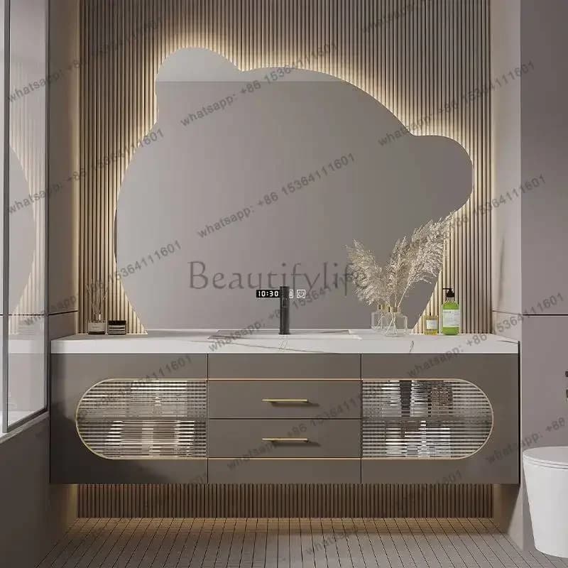 American Cream Style Bathroom Cabinet Hanging Cabinet Slate Solid Wood Bathroom Cabinet Simple Modern Wash Table