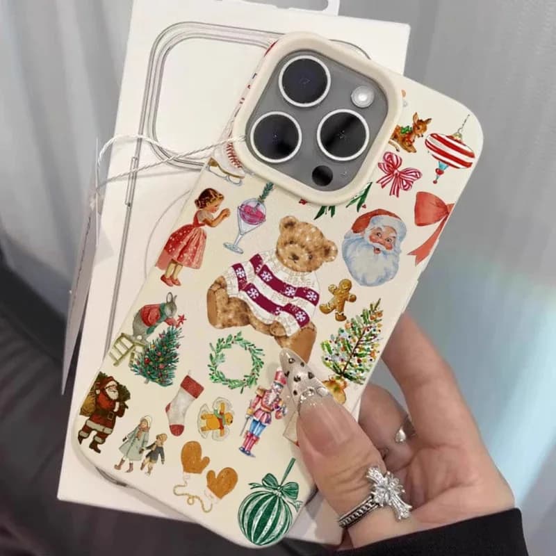 Cartoon Bear Christmas Pattern Phone Case For iPhone 17 Air 16 15 14 13 12 11 Pro Max 15 14 Plus Protection Phone Cover