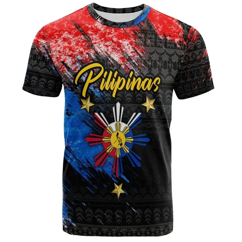 T-shirt with Philippines emblem and 3D print, Philippine tribal style graphic t-shirts, vintage fashion short-sleeve t-shirts fo