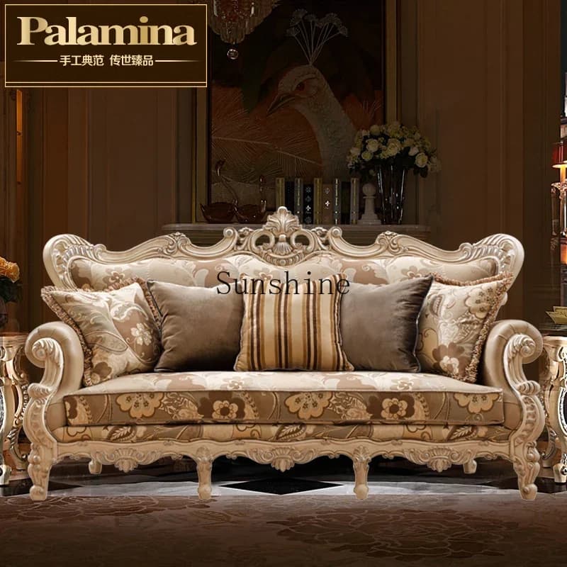 European fabric solid wood carving flower sofa combination fully furnished luxury villaYY