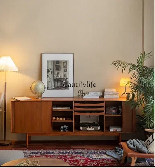 FG-Nordic medieval teak rolling shutter door side cabinet solid wood TV cabinet small apartment high