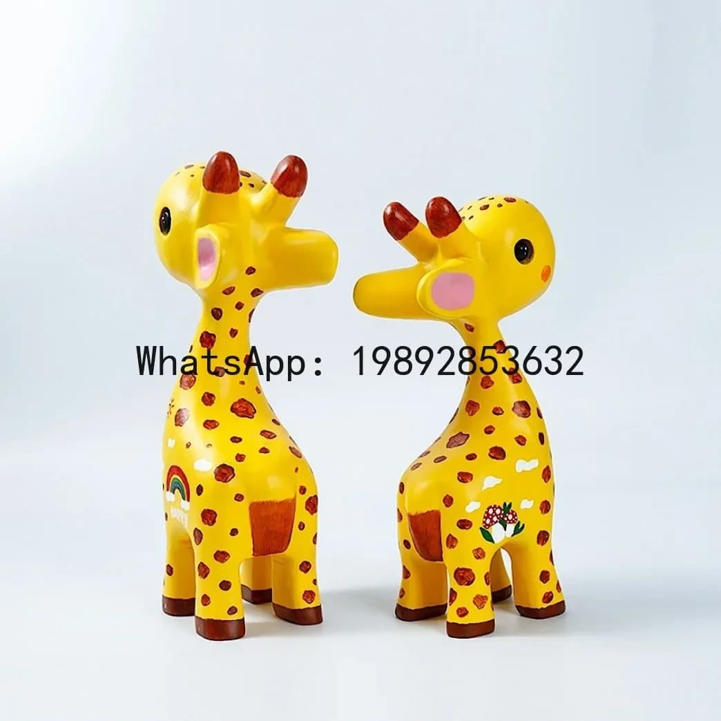 x15 camphor wood carving painted deer giraffe home office ornament