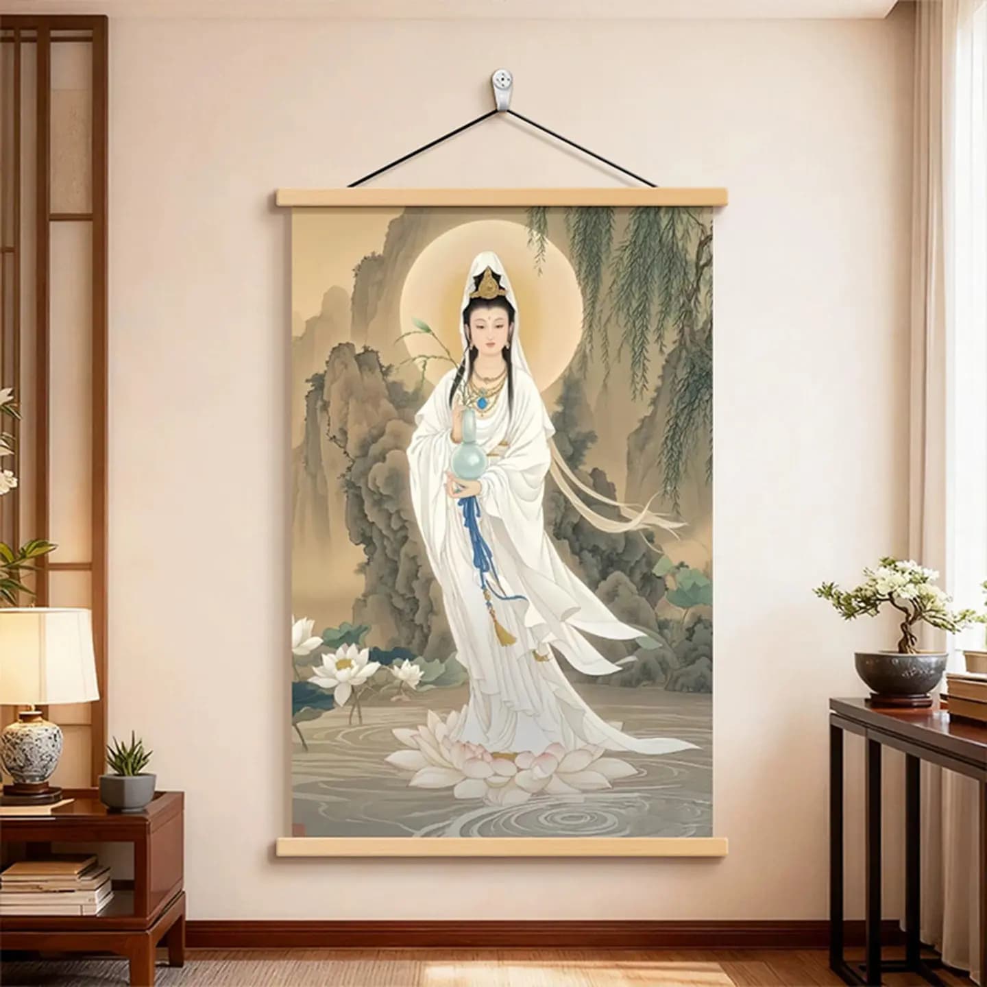Wall Art Guanyin Bodhisattva Botanical Pearlescent Canvas Hanging Scroll with Wooden Rods for Chinoiserie Entryway Decor