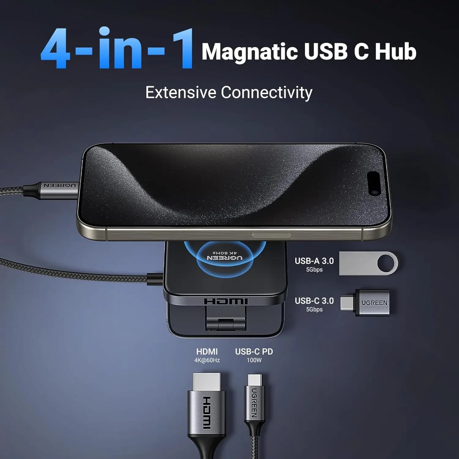 UGREEN USB C Hub, 4-in-1 Magnetic USB C to HD-MI Adapter 4K@60Hz, 100W PD Charging, Foldable Portable USB C Adapter