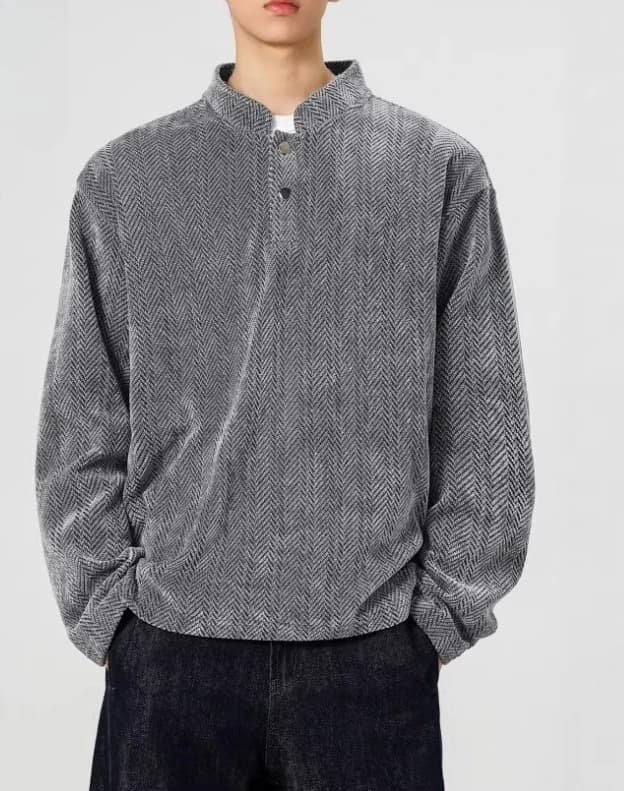 Vintage Henry Neck Striped Long Sleeve T-Shirt Men's 2026 Spring Loose Casual Versatile Textured Top