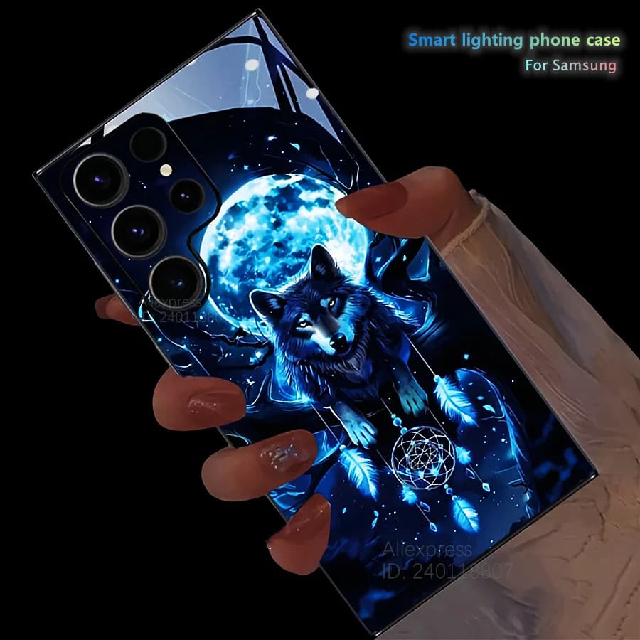 Moon Night Spirit Wolf Colorful Voice Controll Luminous Phone Cover For Samsung S25Ultra/S24/S22/S23/S21/S22 Plus LED Phone Case