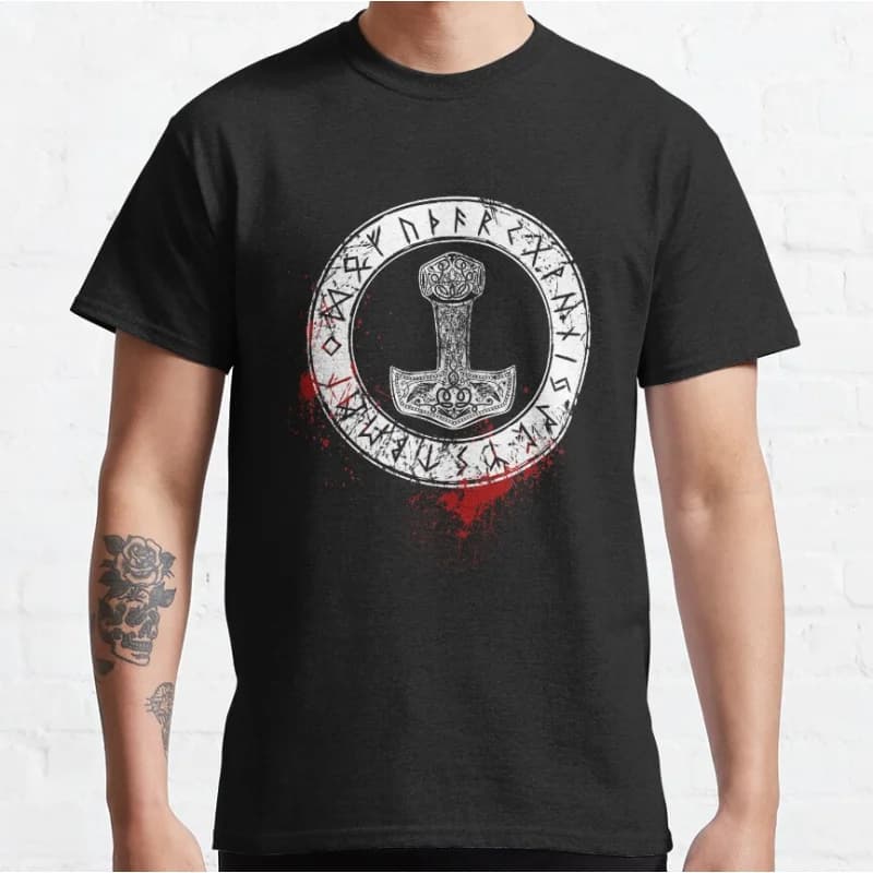 Thor's Hammer and Runes Viking Norse Mythology Nordic rune valhalla Short-sleeve crewneck T-shirt Large size Adult S-6xl Tops