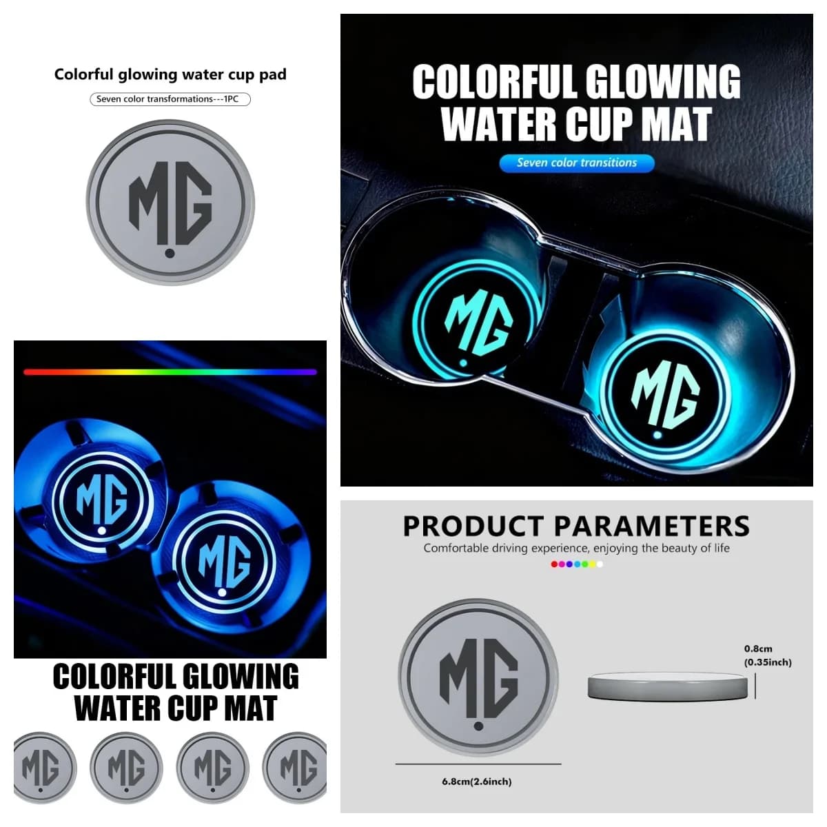 1Pc Morris Garages Colorful Luminous Cup Holder Mat Anti-slip LED Light Coaster Fit MG ZS EV HS EHS PHEV MG3 MG4 MG5 MG6 MG7 GT