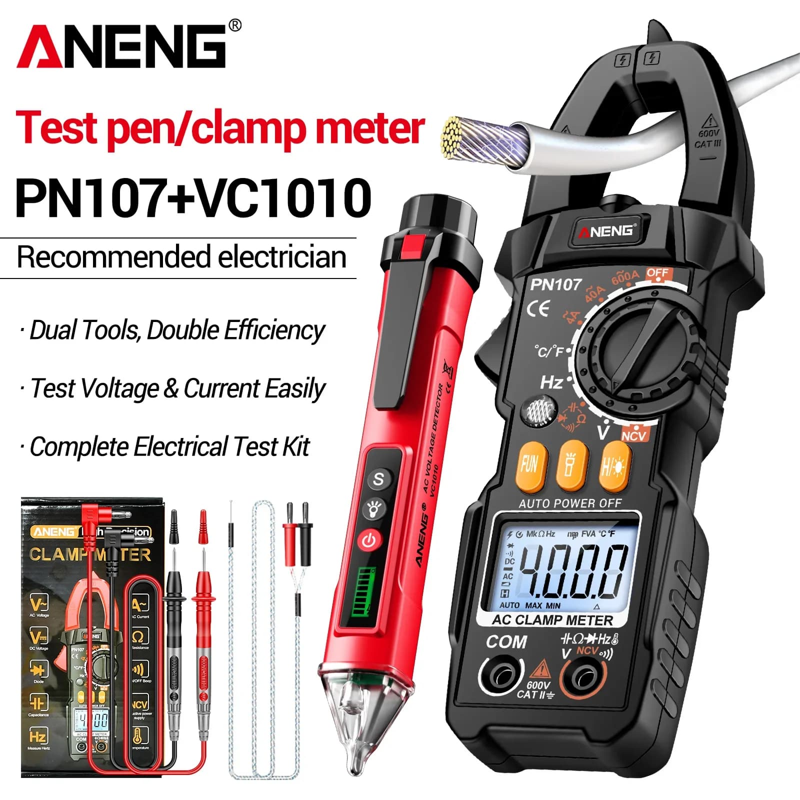 ANENG PN107 Digital Clamp Meter 600A Current Voltage Multimeter With VC1010 Non‑Contact AC Voltage Detector Electrician Test Pen