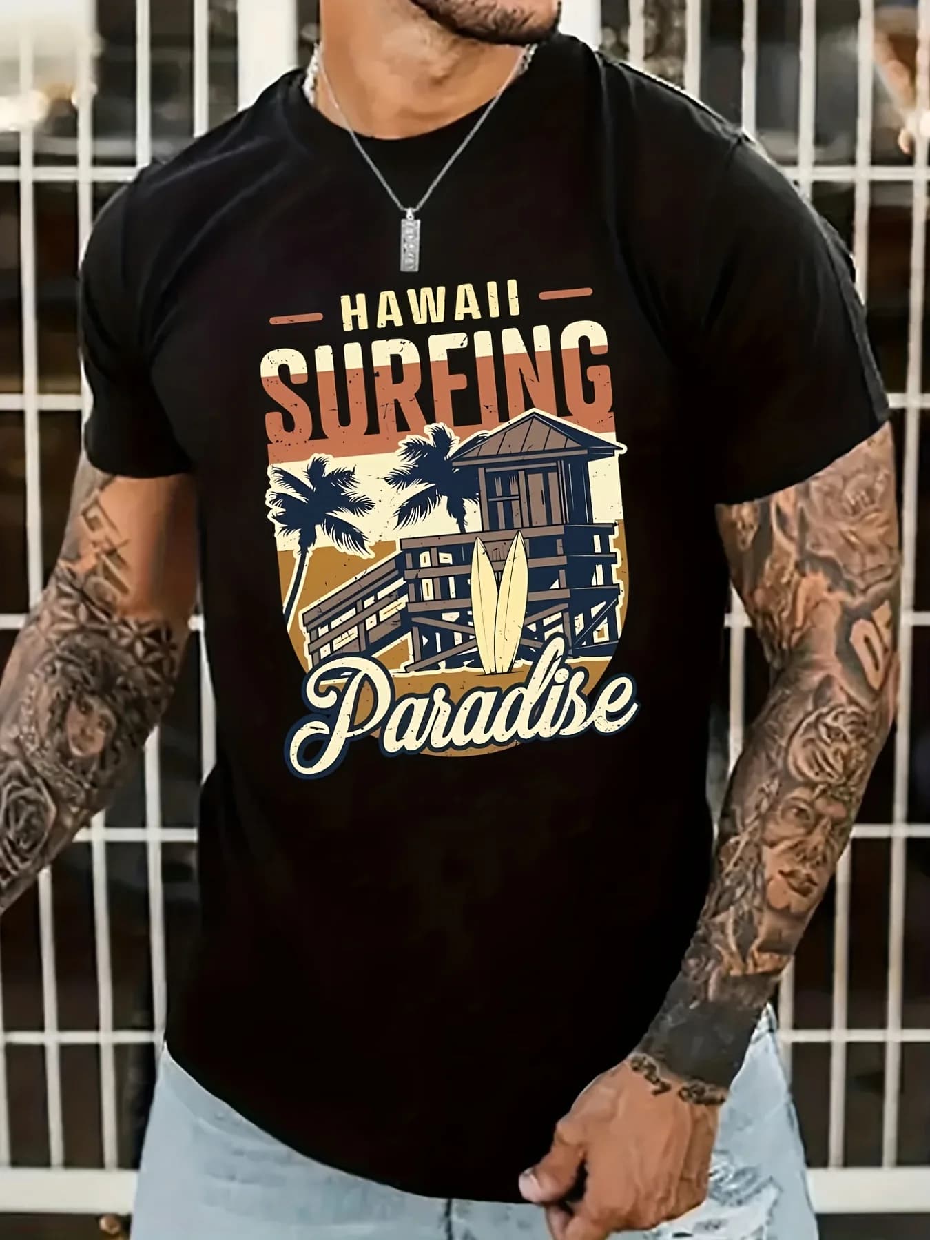 "Hawaii Surfing Paradise" Print T-Shirt 100% Cotton O-Neck Short Sleeve Summer Casual Mens T-shirt Streetwear