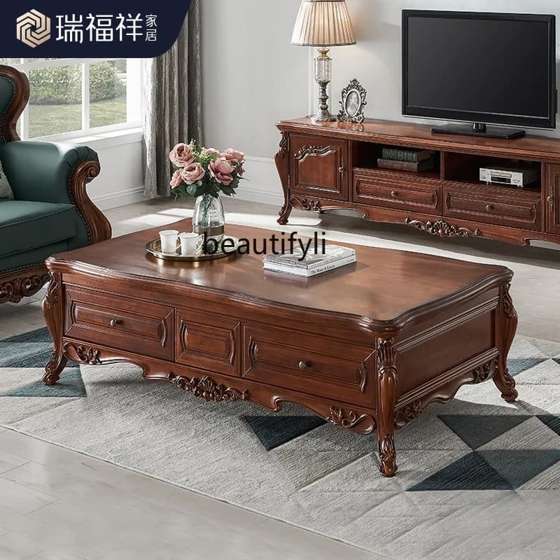 All solid wood coffee table American living room rectangular four-draw tea table tea table 1.6 meters