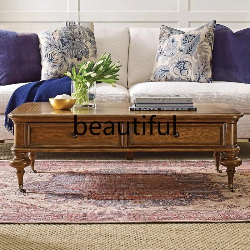 American country cherry wood parquet retro old high-end living room square coffee table balcony casual coffee table