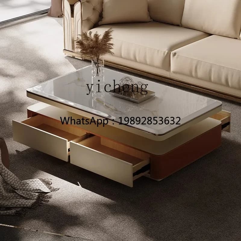 Saddle Leather Coffee Table Double Layer High-End Tempered Glass