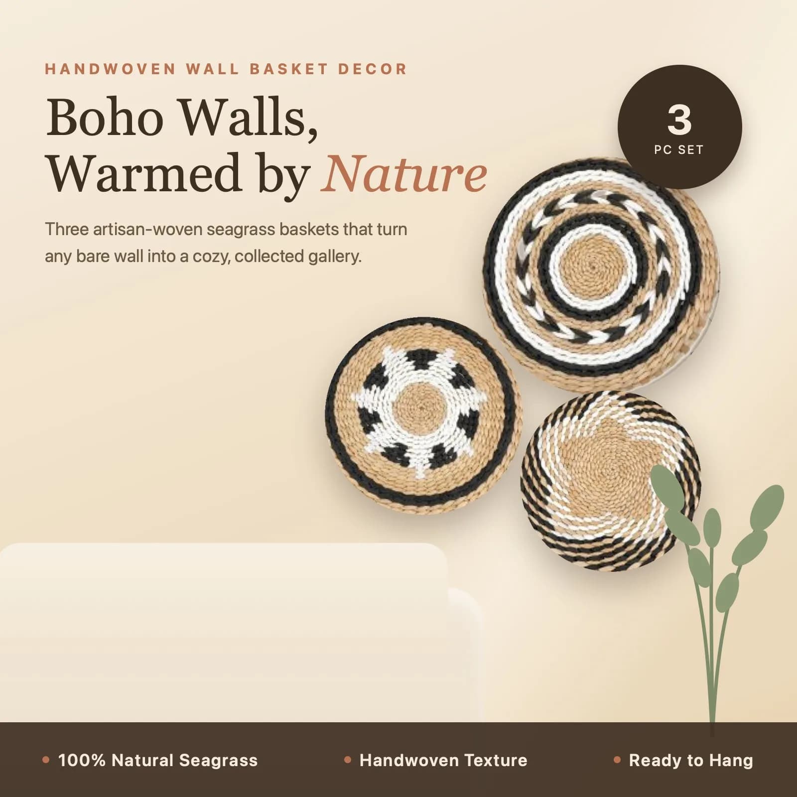 3-piece hand-woven wall hanging set, Bohemian style round woven wall decoration/artwork, suitable for living rooms and bedrooms