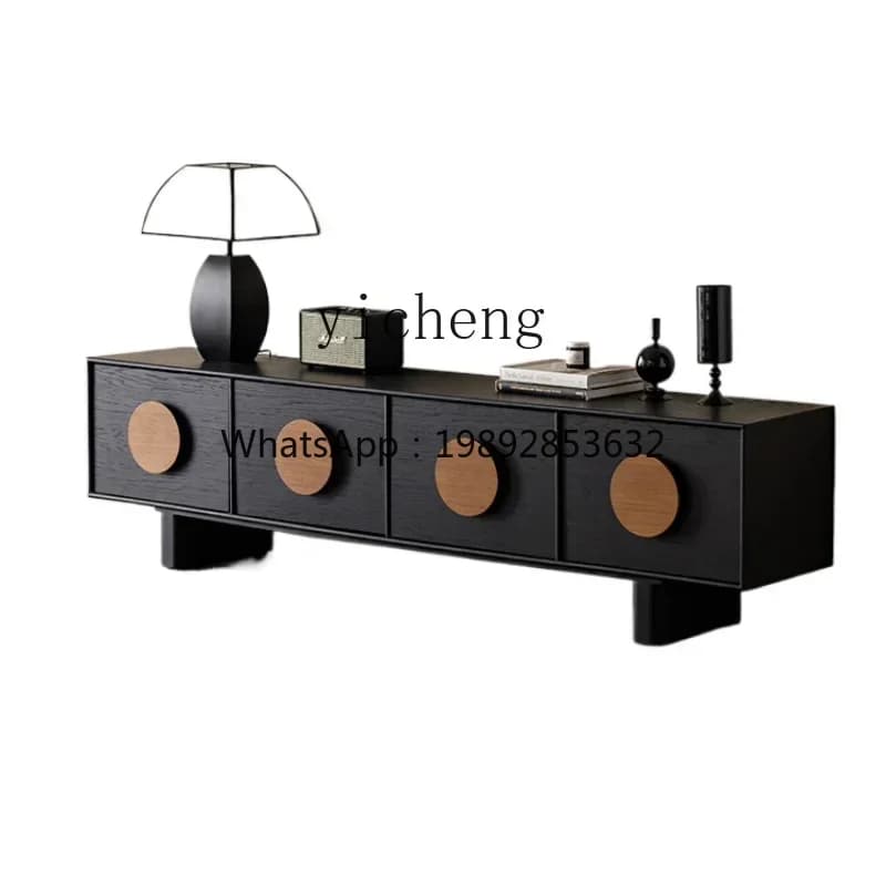 Solid Wood TV Cabinet Vintage Teakwood Modern Minimalist Living Room High Black Floor Cabinet