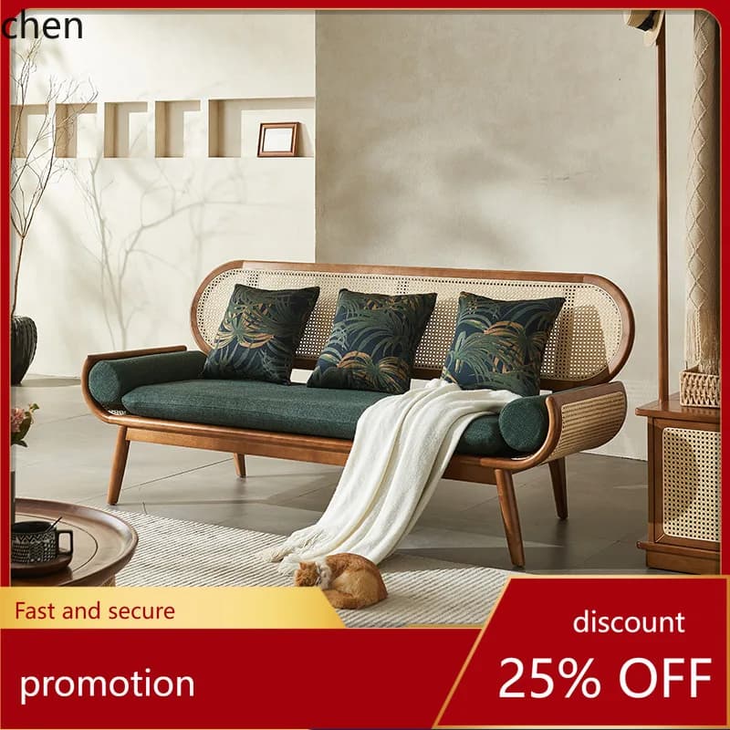 CZ Solid Wood Real Rattan Woven Sofa Three-Seater Simple Modern Homestay Rattan Sofa Living Room Leisure Sofa Chair