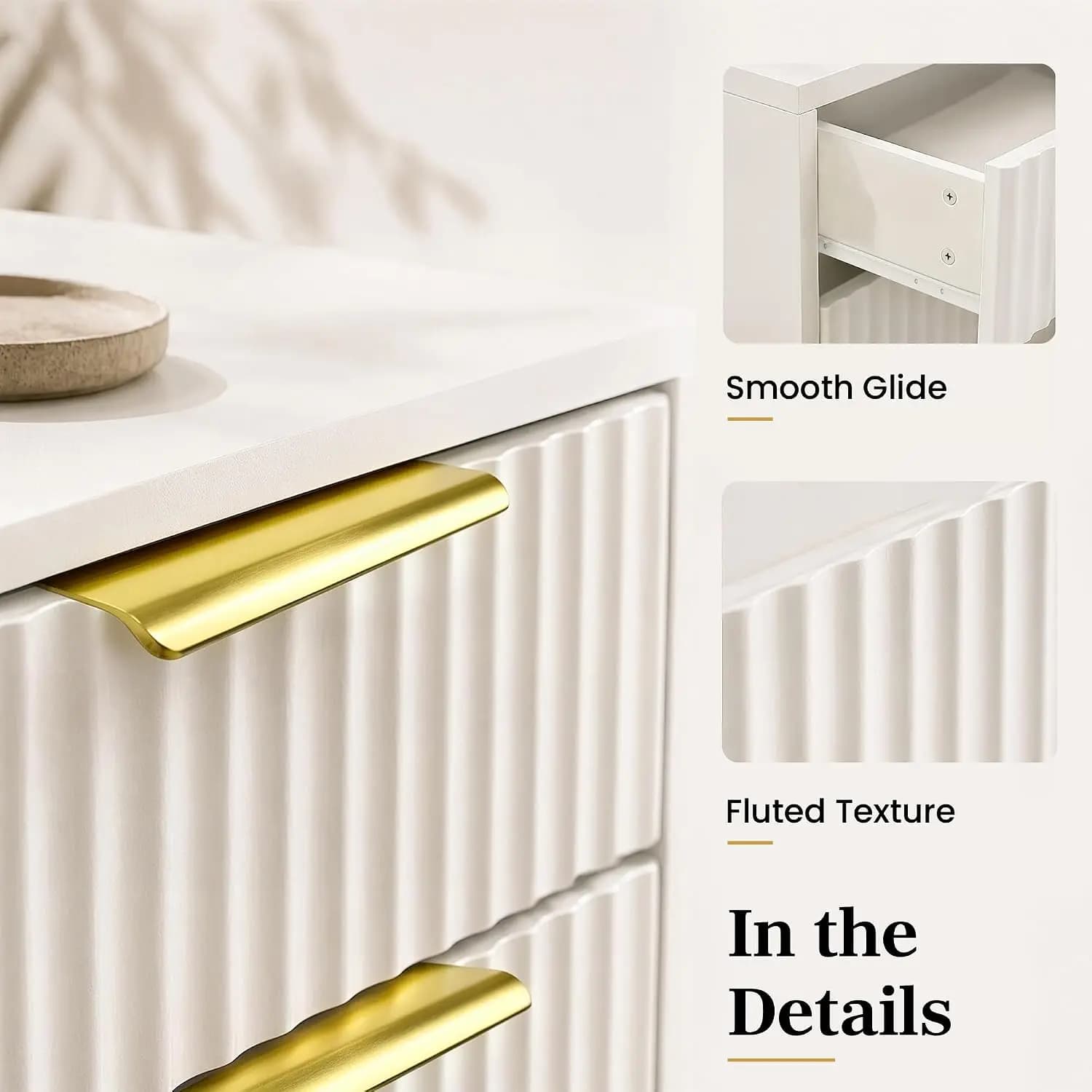 White and Gold Nightstand, 24" Tall Fluted Bedside Table, 3 Drawers
