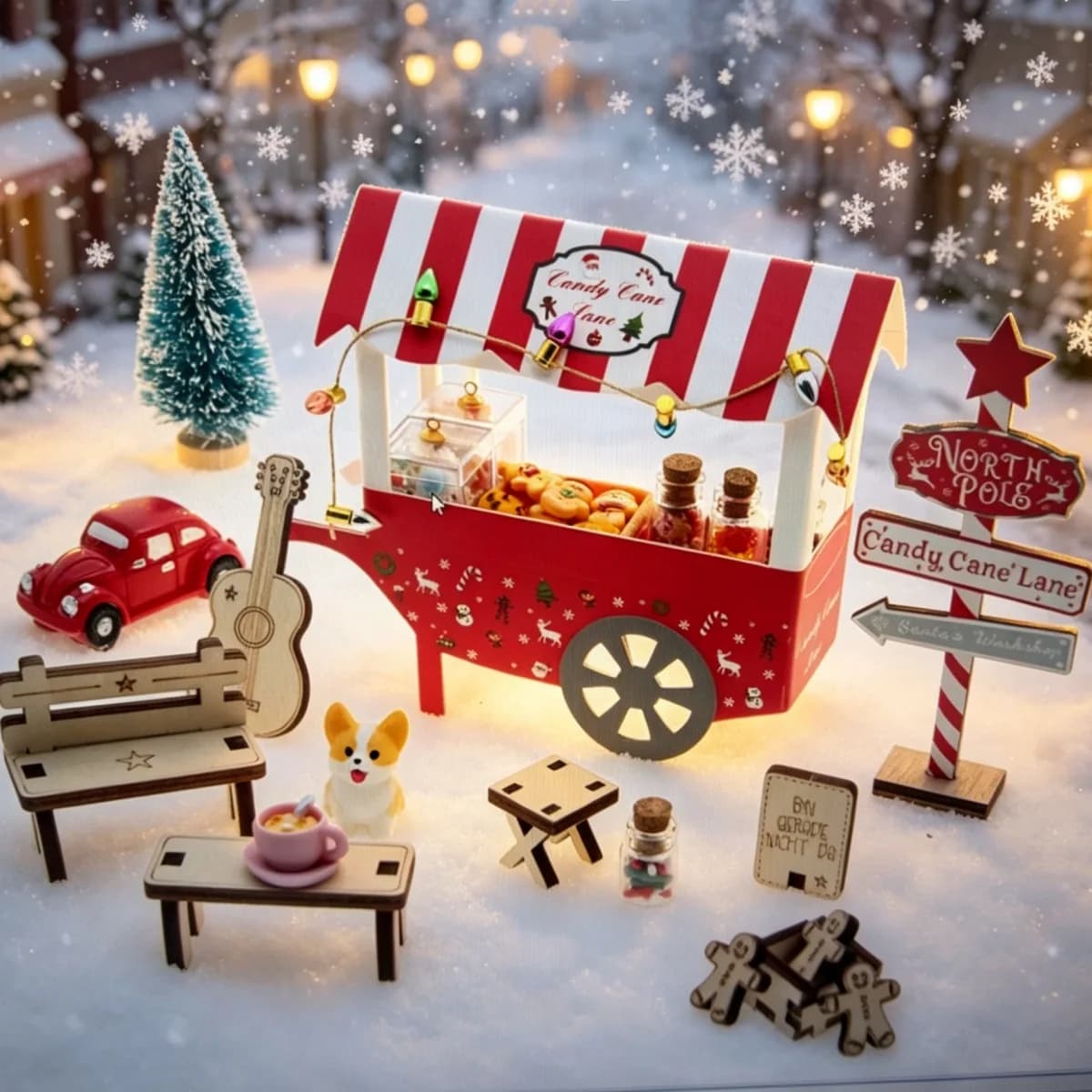 1set Dollhouse Christmas Candy Shop Set Wooden Model Holiday Scene Decor Props Miniature Desktop Ornament Doll Accessories