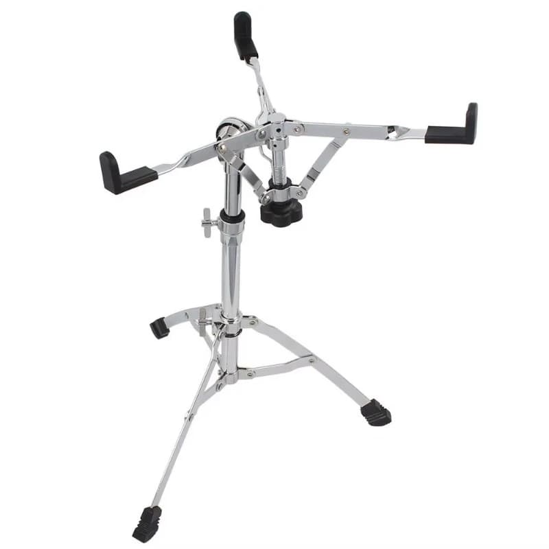 Chrome-plated metal snare drum bracket tripod design with rubber silicone iron base