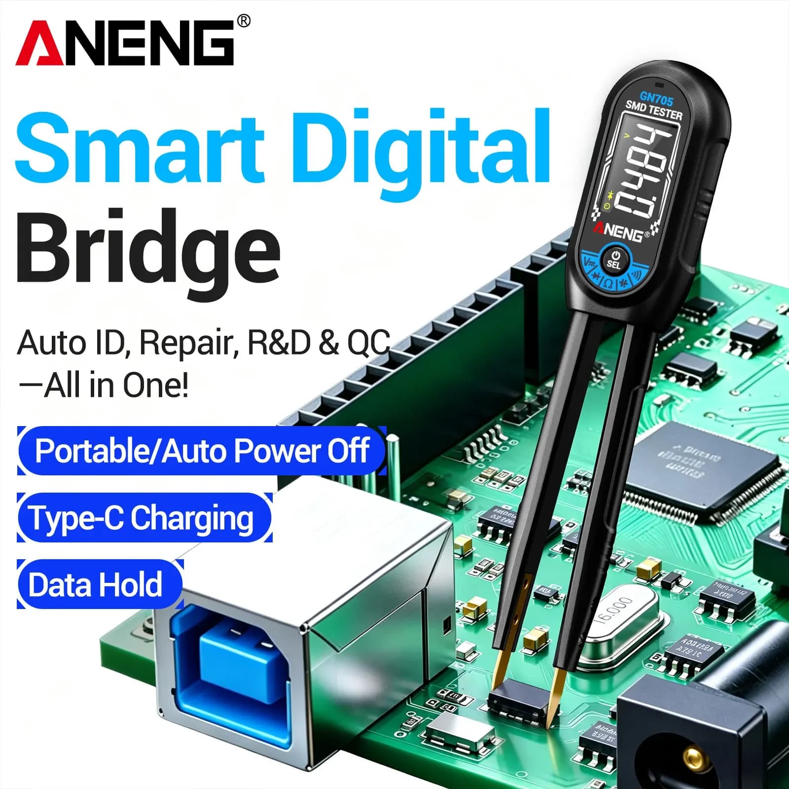 ANENG GN705 SMD Tweezer LCR Tester 6000 Counts Resistance Capacitance Inductance Diode Rechargeable Electrician Repair Tool