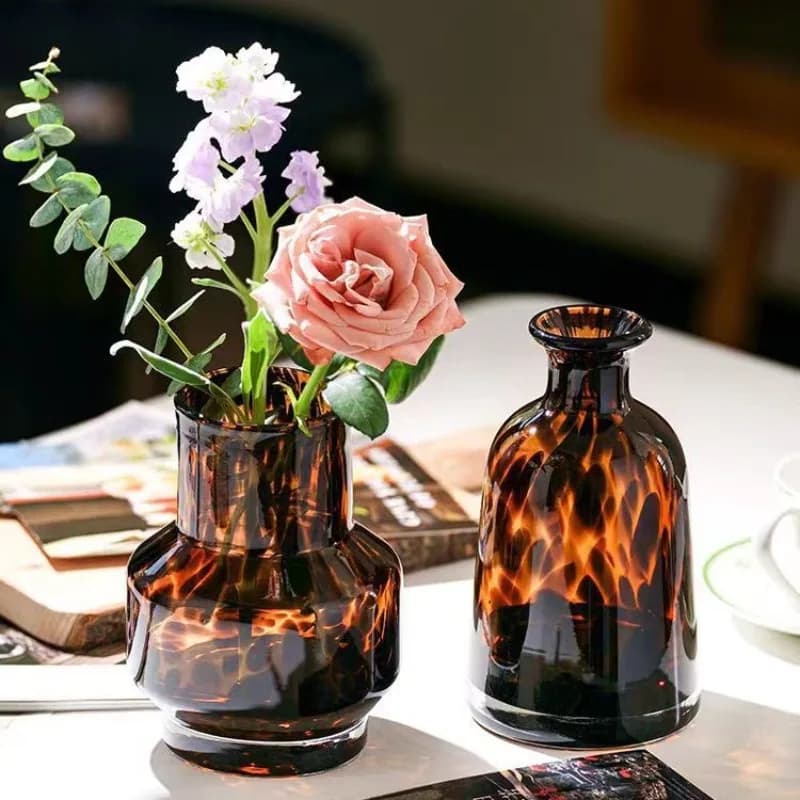 1Pcs High-end Leopard Print Vase, Luxurious Glass Floral Decoration, Home Model Room, Floral Arrangement, Living Room Decoration