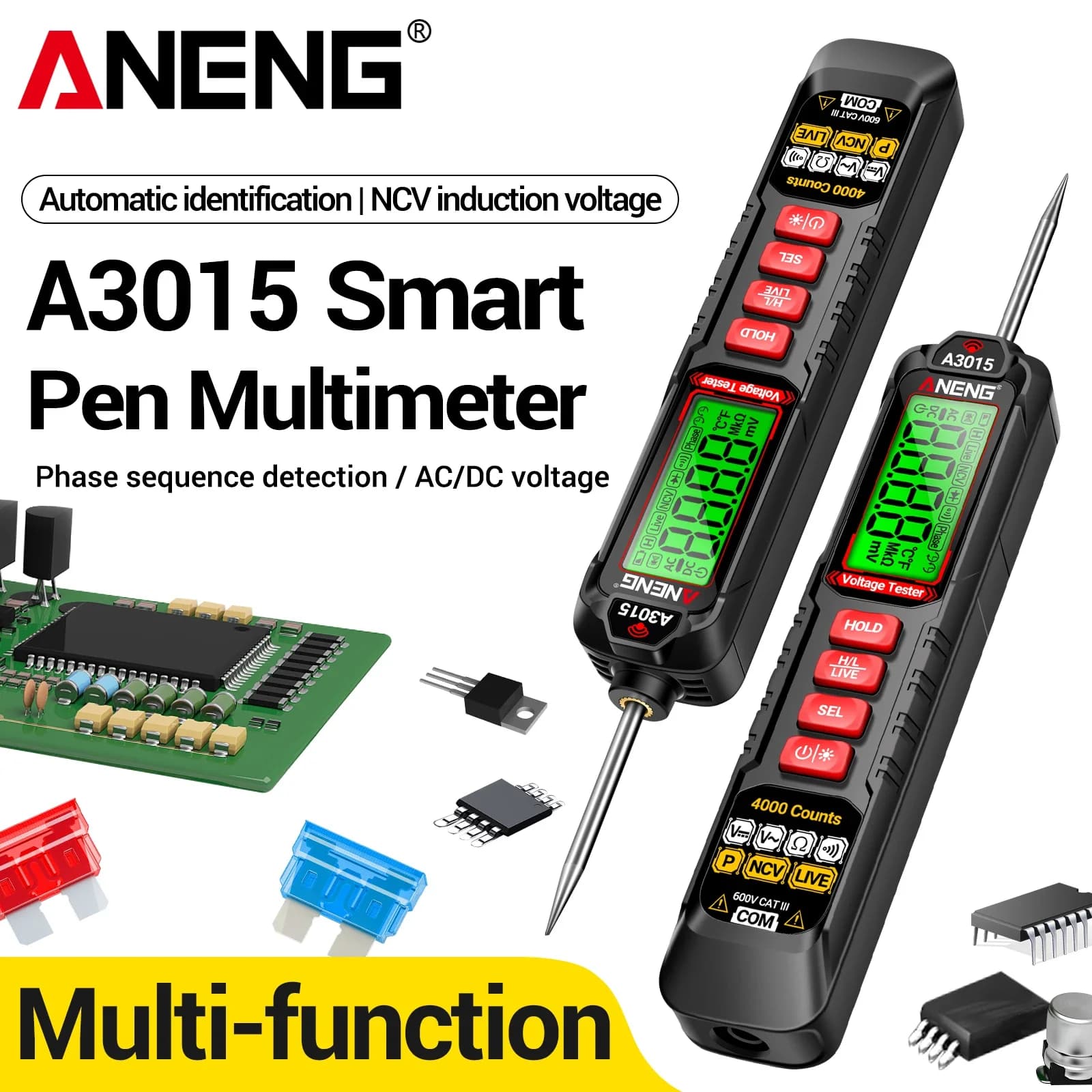 ANENG A3015 Pen Multimeter 4000 Counts NCV Live Wire Phase Break Tester AC DC Voltage Resistance Continuity Electrician Test Pen