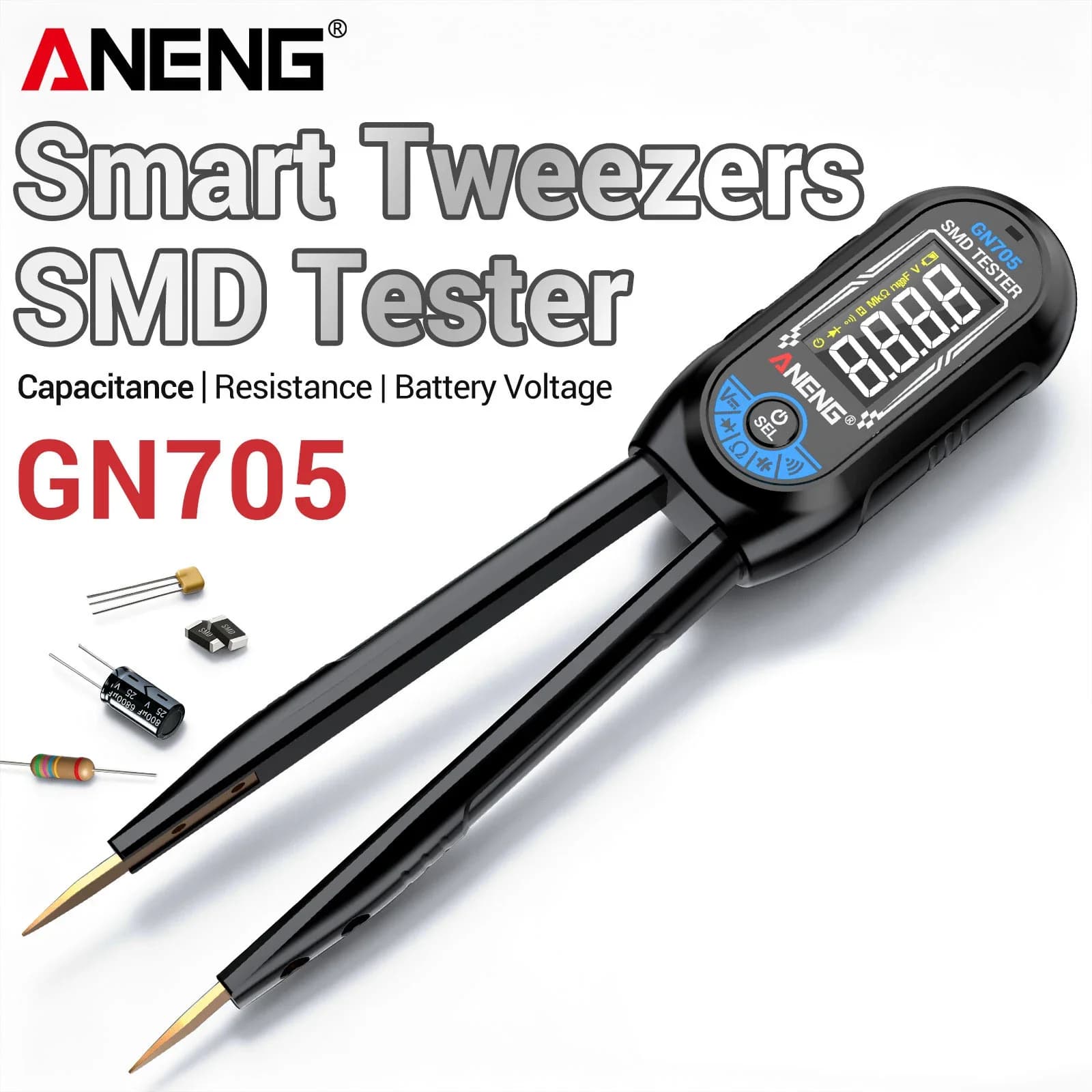 ANENG GN705 Mini Smart Tweezers SMD LCR Tester LCD Screen Rechargeable Capacitance Resistance Inductance Diode Continuity Buzzer