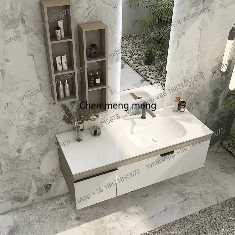 F150 Cream gray ceramic integrated washbasin cabinet combined rock slab countertop bathroom cabinet simple washbasin