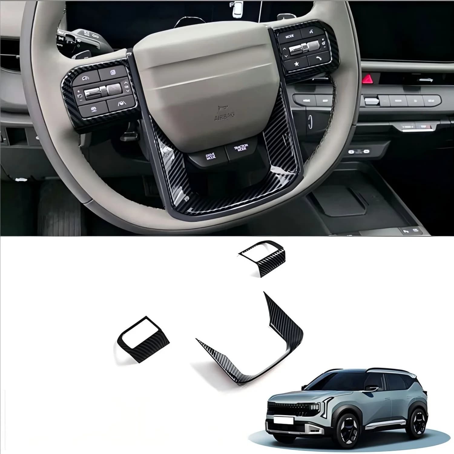 For Kia Seltos SP3 2026 Car Accessories Steering Wheel Trim Cover Trim Sticker ABS Carbon Fiber Black 3pcs