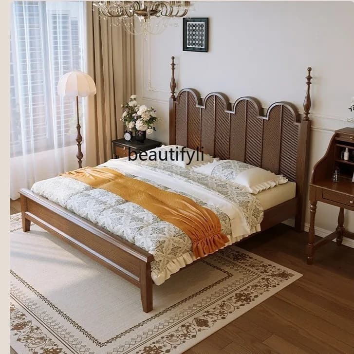 French Vintage Style White Ash Wood Bed Master Bedroom 1.8m Double Bed High Back Wedding Bed