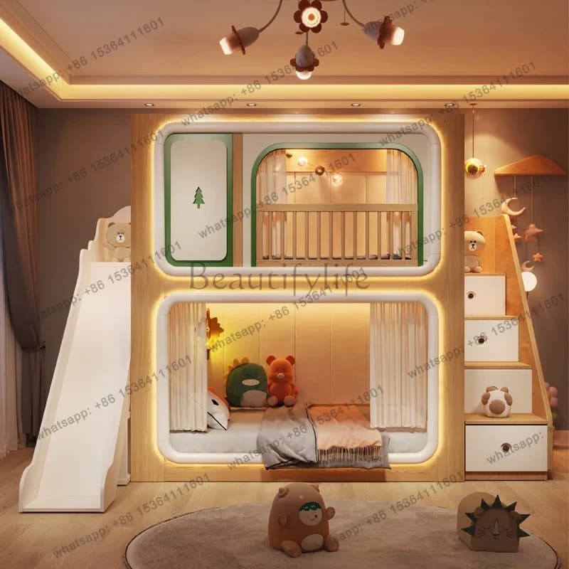 LSWooden Guardrail Design Playpen Children Beds Slide Modern Style Infantiles Furniture Home Loft Double Decker Kids Beds