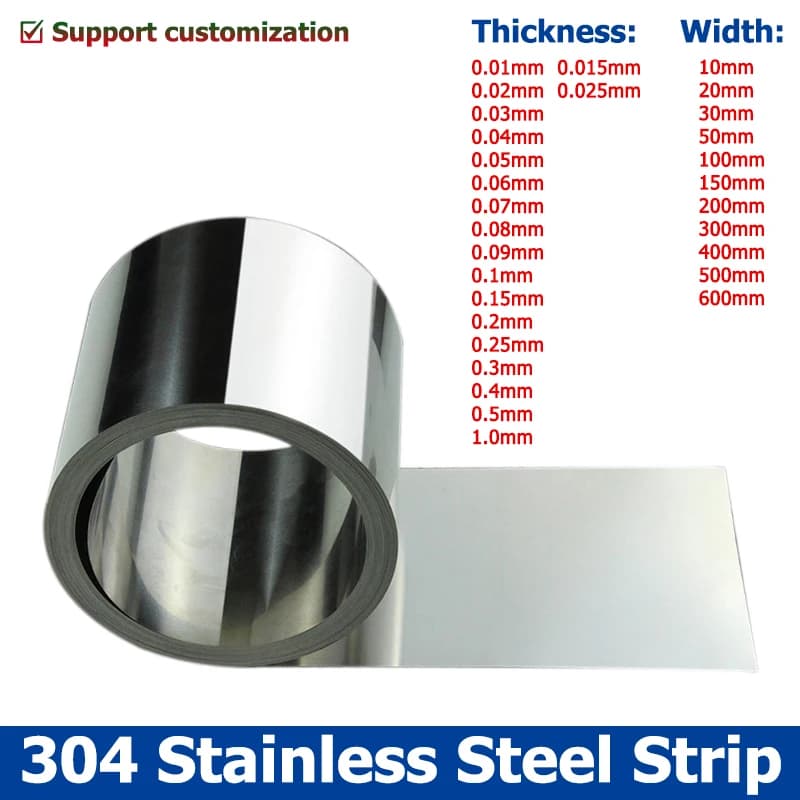 1Meter 304 Stainless Steel Strip Sheet Thickness 0.01-1mm Steel Coil Steel Plate Width 10-600mm 0.02/0.05/ 0.1/0.2/0.3/0.4/0.5mm